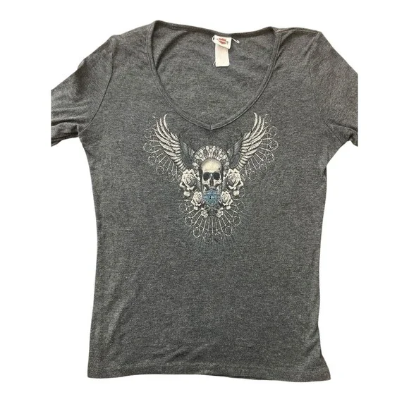 Harley Davidson Skull Wing Long Sleeve Top Womens Y2K Grunge Biker - Picture 2 of 9